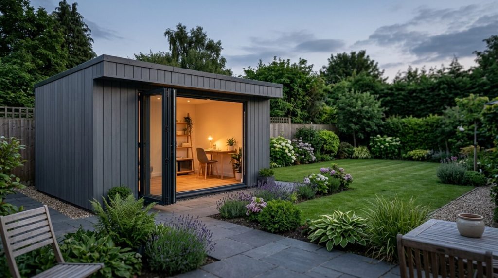 Modern UK garden room with bifold doors and grey cladding lit at dusk in a back garden
