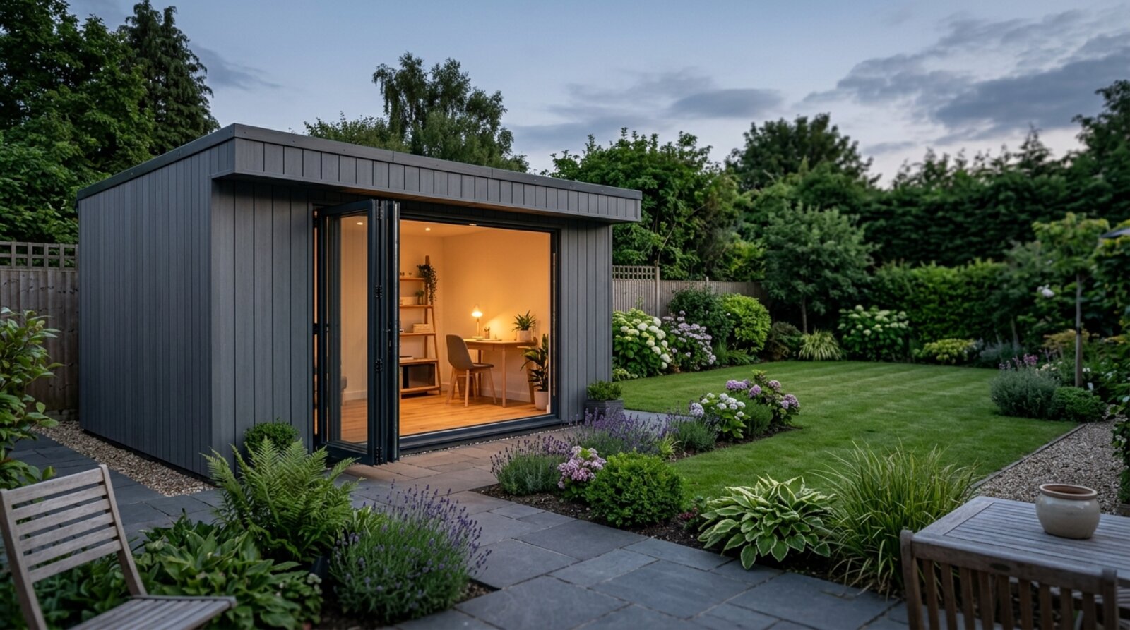 Modern UK garden room with bifold doors and grey cladding lit at dusk in a back garden