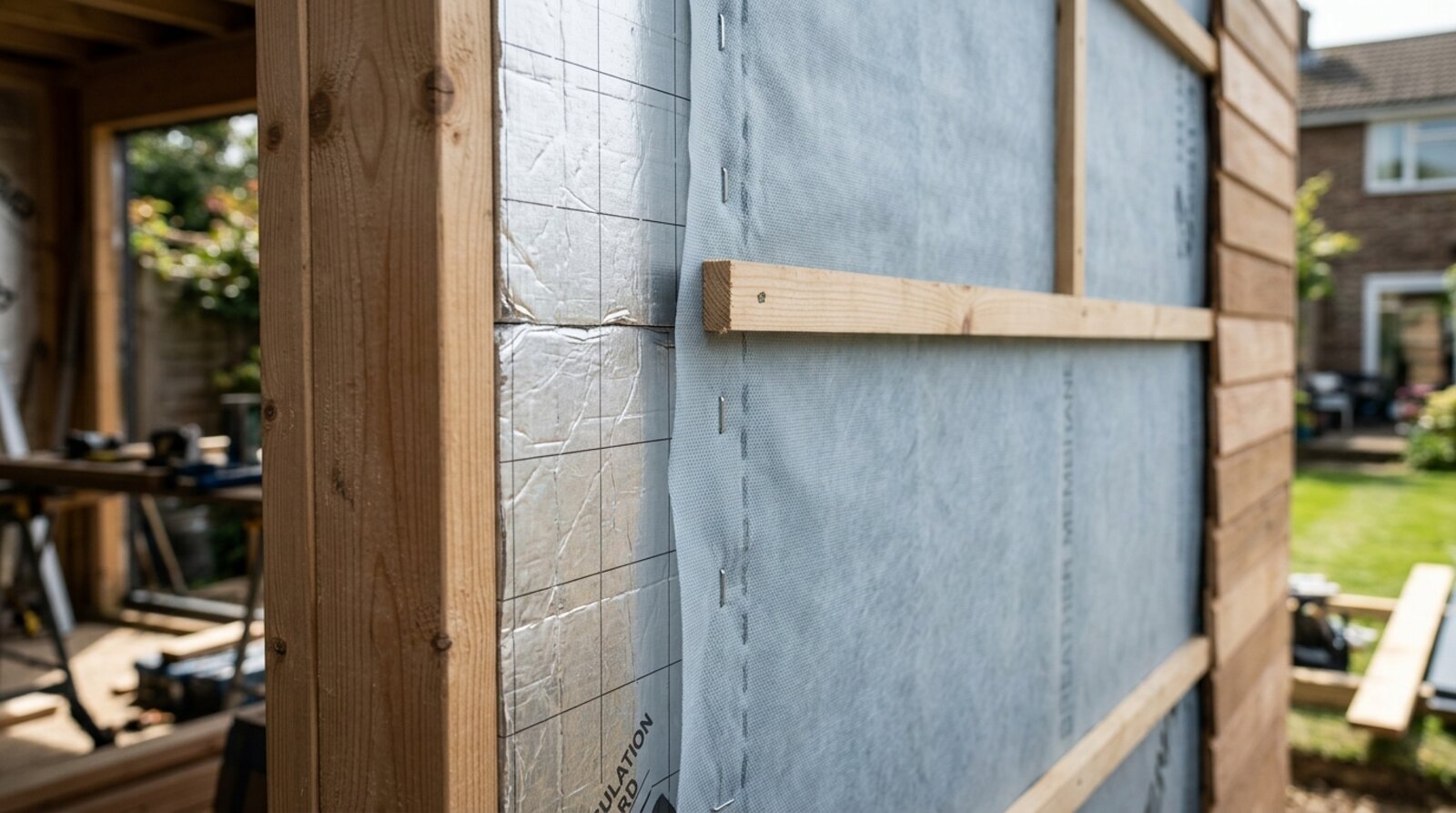 Garden room wall under construction showing timber frame and rigid insulation