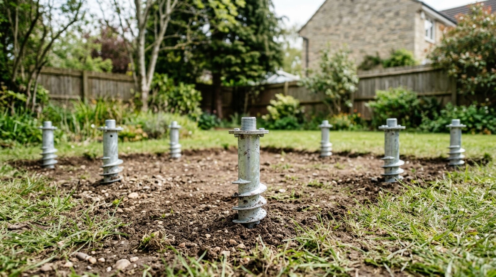 Galvanised ground screw foundations installed in a garden ready for a garden room base
