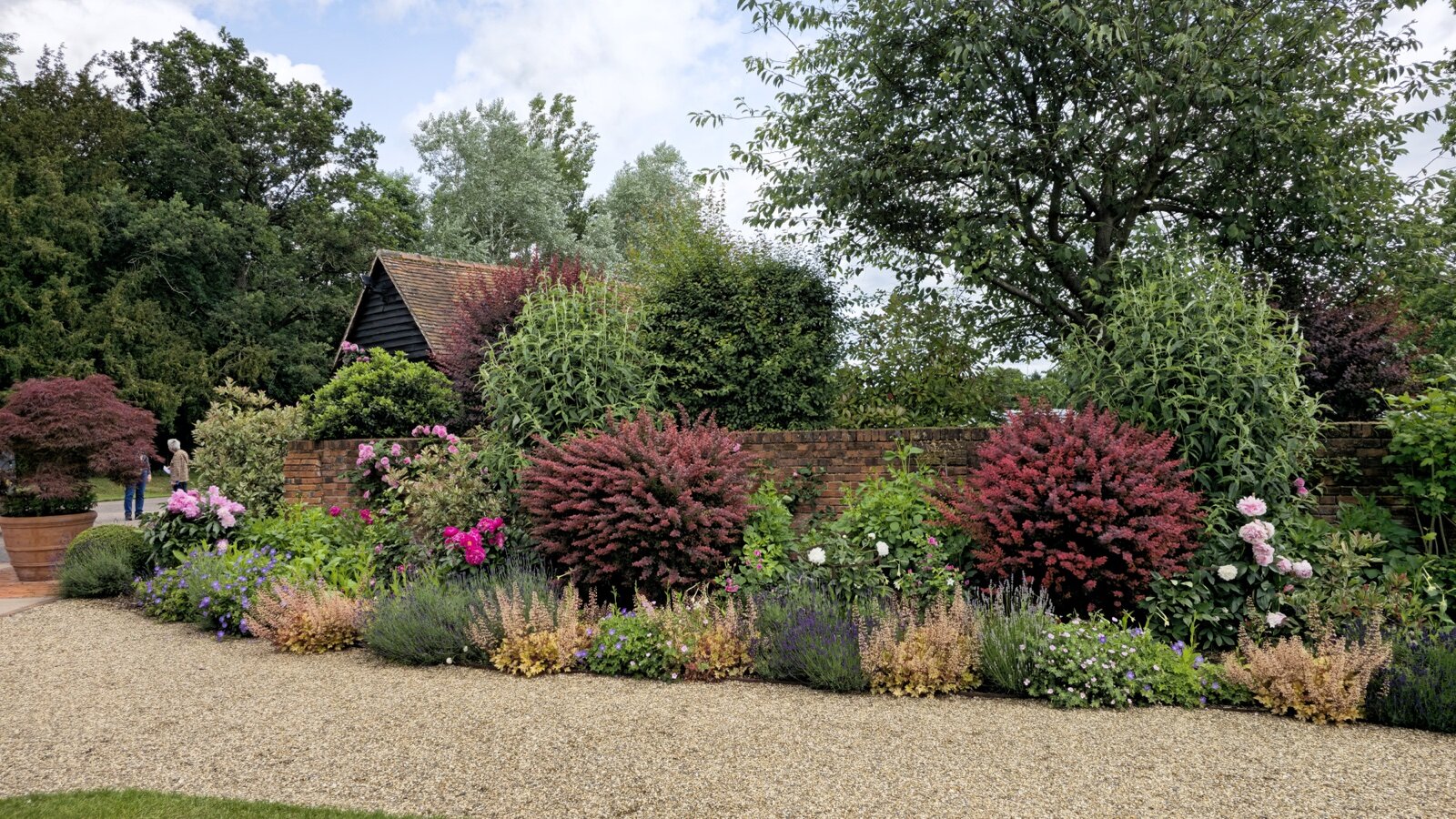 Layered shrub and perennial border beside a gravel path, with a timber garden building behind a brick wall