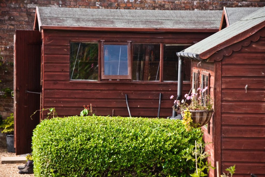 Two red-stained timber garden sheds with green mineral felt apex roofs and a black downpipe