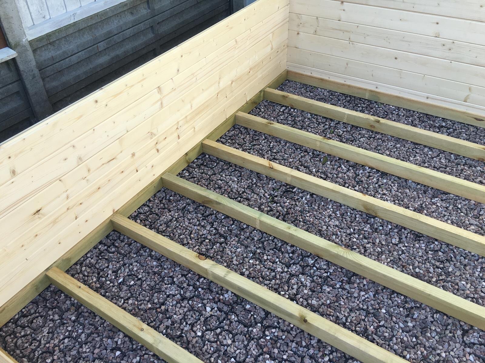 Treated timber bearers laid across a gravel-filled plastic grid shed base
