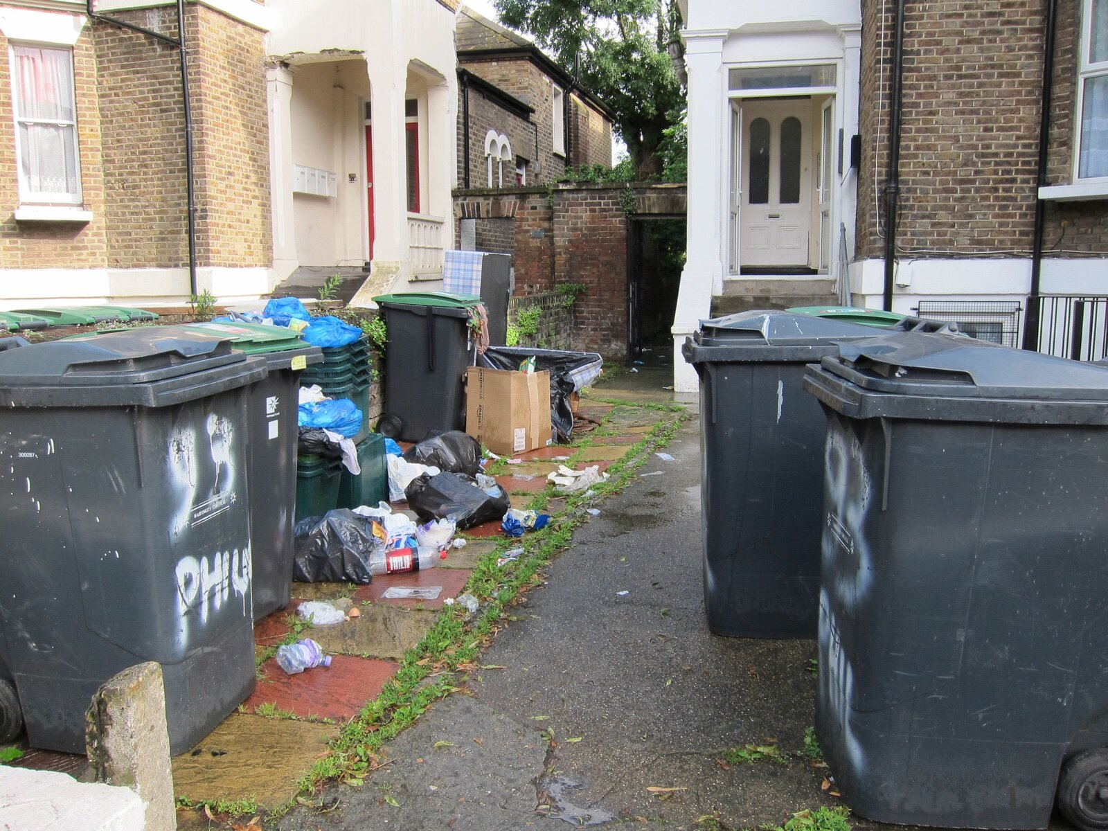 Wheelie bins and loose rubbish crowding the front paths of terraced houses