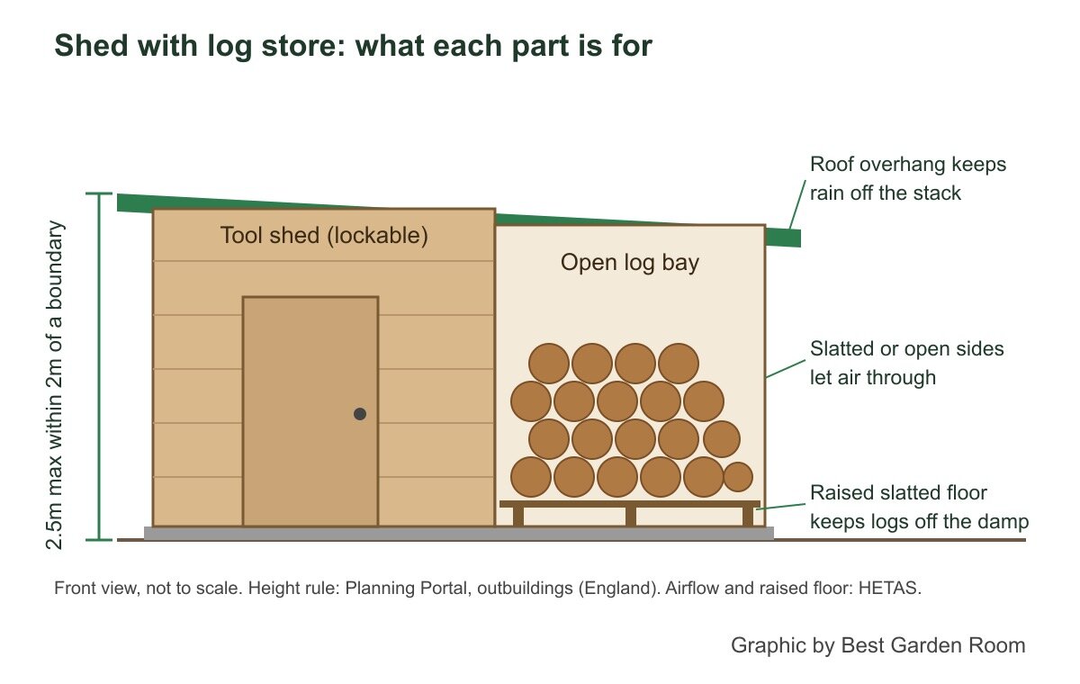 Diagram of a shed with an open log bay, raised slatted floor and roof overhang